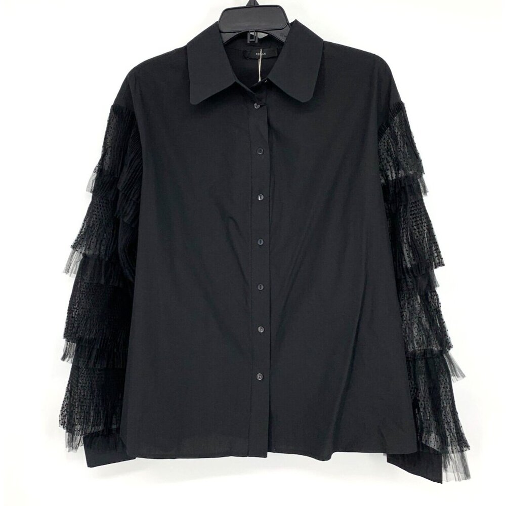 Roman Top Black Button Down Mesh Tulle Polka Dot Tiered Sleeve NWT